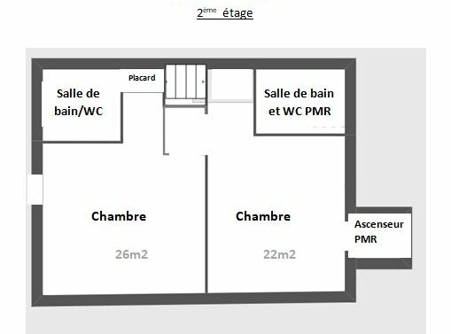 plan de l'étage accessible aux Personnes à mobilité réduite (PMR) en fauteuil roulant par ascenseur